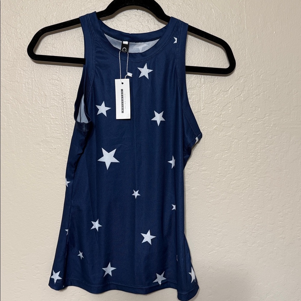 Chic Boutique Rose CBR Navy Blue White Star Print‎ Ribbed Racerback Tank Top S